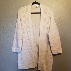 J.Jill M Cardigan Sweater Beige Cotton Blend Cable Knit Open Front Preppy Basic